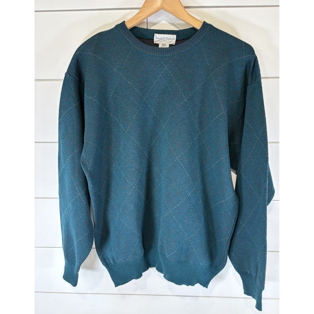 Vintage Tricots St Raphael Sweater Mens Large L Green Blue Pattern Pure New Wool